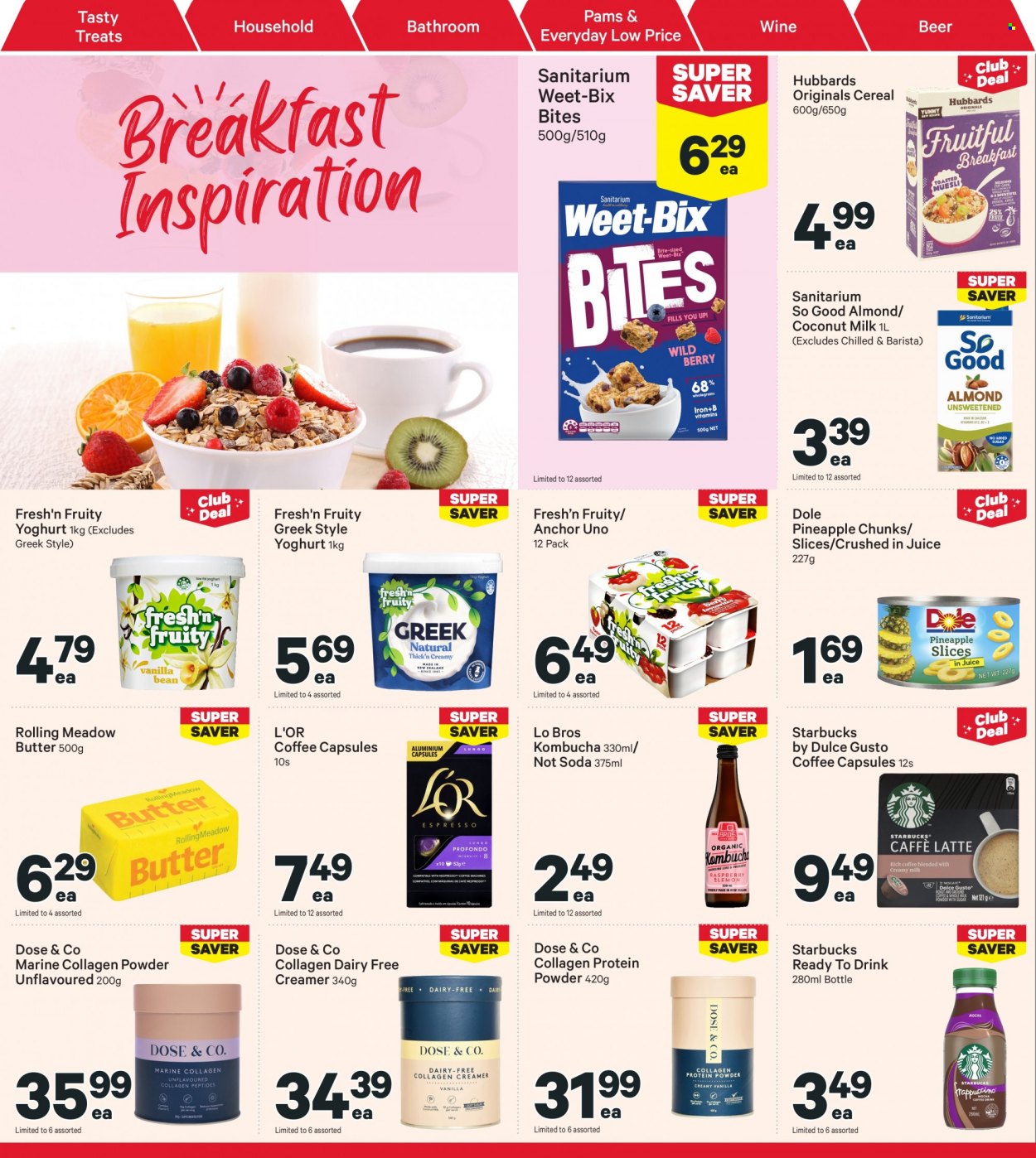 thumbnail - New World mailer - 06.02.2023 - 12.02.2023 - Sales products - Dole, pineapple, yoghurt, Fresh'n Fruity, Anchor, creamer, cereal bar, coconut milk, cereals, Weet-Bix, juice, soda, kombucha, coffee, coffee capsules, L'Or, Starbucks, wine, beer, whey protein. Page 12.