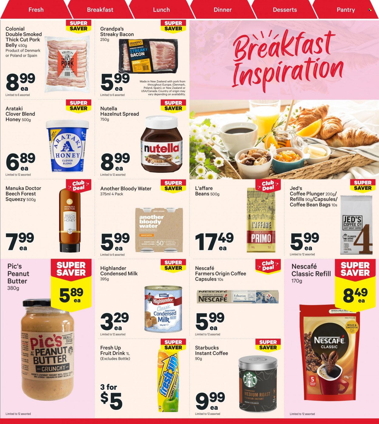 thumbnail - New World mailer - 06.02.2023 - 12.02.2023 - Sales products - bacon, streaky bacon, Clover, milk, condensed milk, Nutella, honey, peanut butter, hazelnut spread, fruit drink, coffee, instant coffee, Nescafé, coffee capsules, Starbucks, pork belly, pork meat, bag. Page 13.
