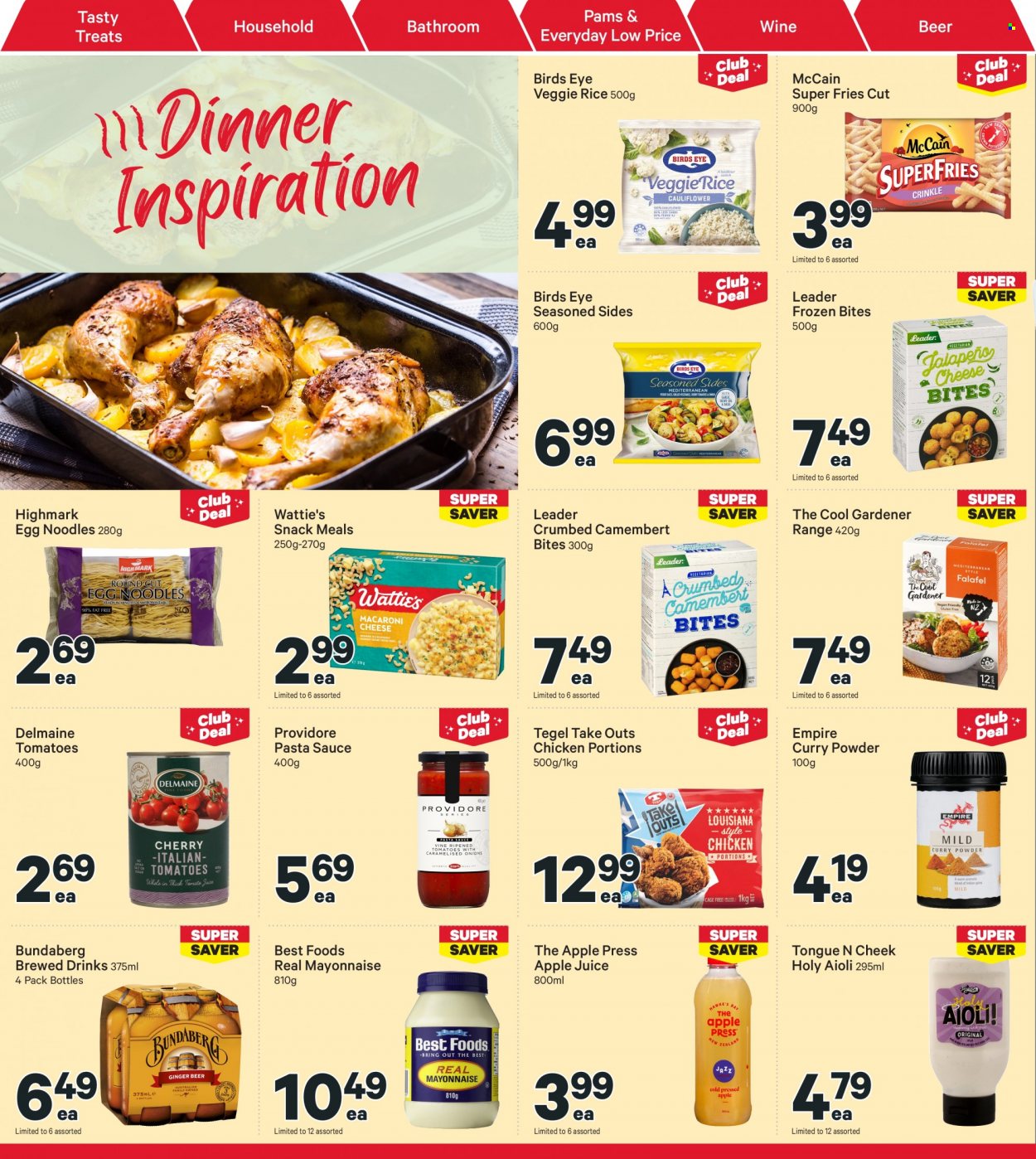 thumbnail - New World mailer - 06.02.2023 - 12.02.2023 - Sales products - tomatoes, pasta sauce, sauce, Bird's Eye, noodles, Wattie's, Delmaine, camembert, mayonnaise, McCain, potato fries, snack, rice, egg noodles, curry powder, apple juice, juice, Bundaberg, brewed drink, beer. Page 16.