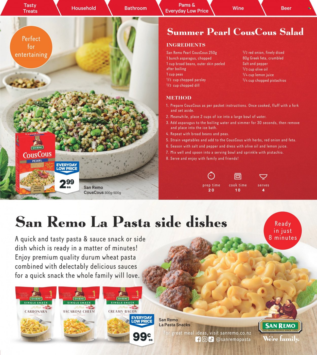 thumbnail - New World mailer - 06.02.2023 - 12.02.2023 - Sales products - fava beans, parsley, onion, pasta, feta, snack, couscous, dill, pepper, pistachios, lemon juice, beer, fork, spoon, serving bowl. Page 22.