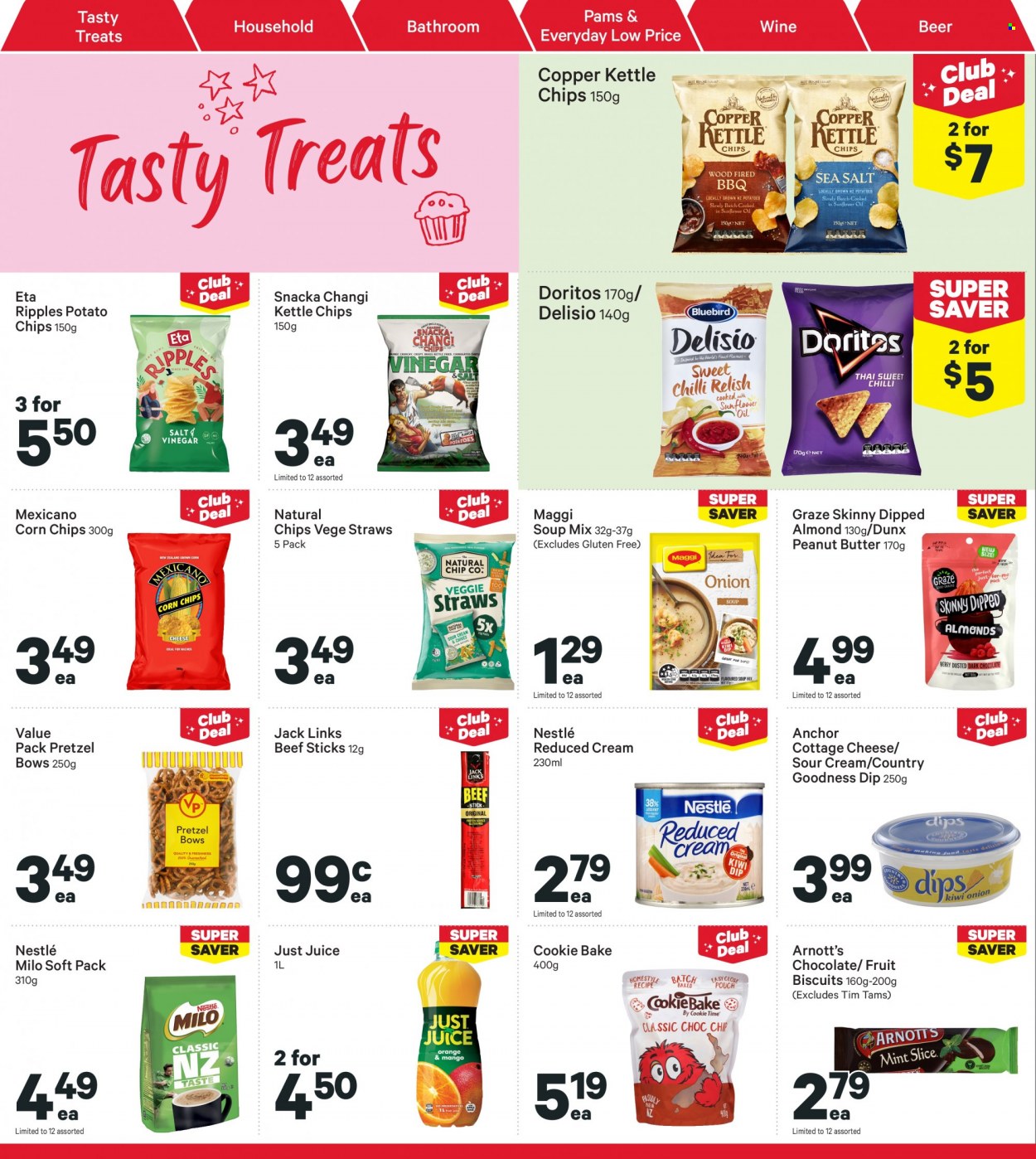 thumbnail - New World mailer - 06.02.2023 - 12.02.2023 - Sales products - pretzels, soup mix, soup, beef sticks, cottage cheese, cheese, Milo, Anchor, sour cream, dip, Nestlé, chocolate, Tim Tam, biscuit, Doritos, potato chips, chips, corn chips, Mexicano, Delisio, Copper Kettle, Maggi, peanut butter, Graze, juice, wine, beer, straw. Page 24.