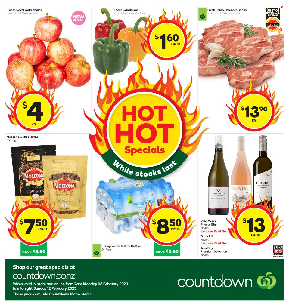 thumbnail - Countdown mailer - 06.02.2023 - 12.02.2023 - Sales products - capsicum, Gala, apples, spring water, Moccona, red wine, white wine, Chardonnay, wine, Pinot Noir, lamb meat, lamb shoulder, bin. Page 1.