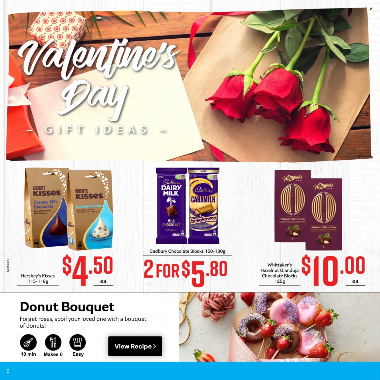 thumbnail - Fresh Choice mailer - 06.02.2023 - 12.02.2023 - Sales products - donut, Hershey's, milk chocolate, chocolate, Cadbury, Whittaker's, Dairy Milk, bouquet, rose. Page 2.