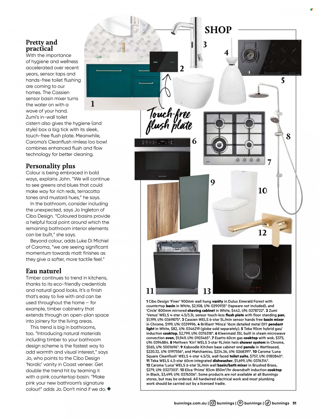 thumbnail - Bunnings Warehouse mailer - 01.03.2023 - 31.03.2023 - Sales products - bath mixer, basin mixer, cabinet, vanity, mustard, plate, pan, wok, oven, convection oven, microwave, dishwasher, cooktop, induction cooktop, Dulux. Page 51.