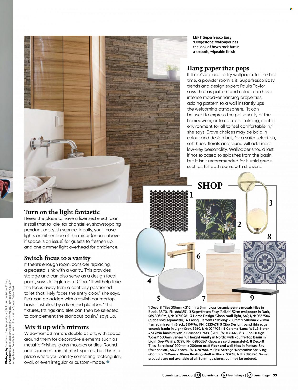 thumbnail - Bunnings Warehouse mailer - 01.03.2023 - 31.03.2023 - Sales products - toilet, basin mixer, shelves, vanity, desk, mirror, sink, paint, Dulux, wallpaper, chandelier, switch. Page 55.