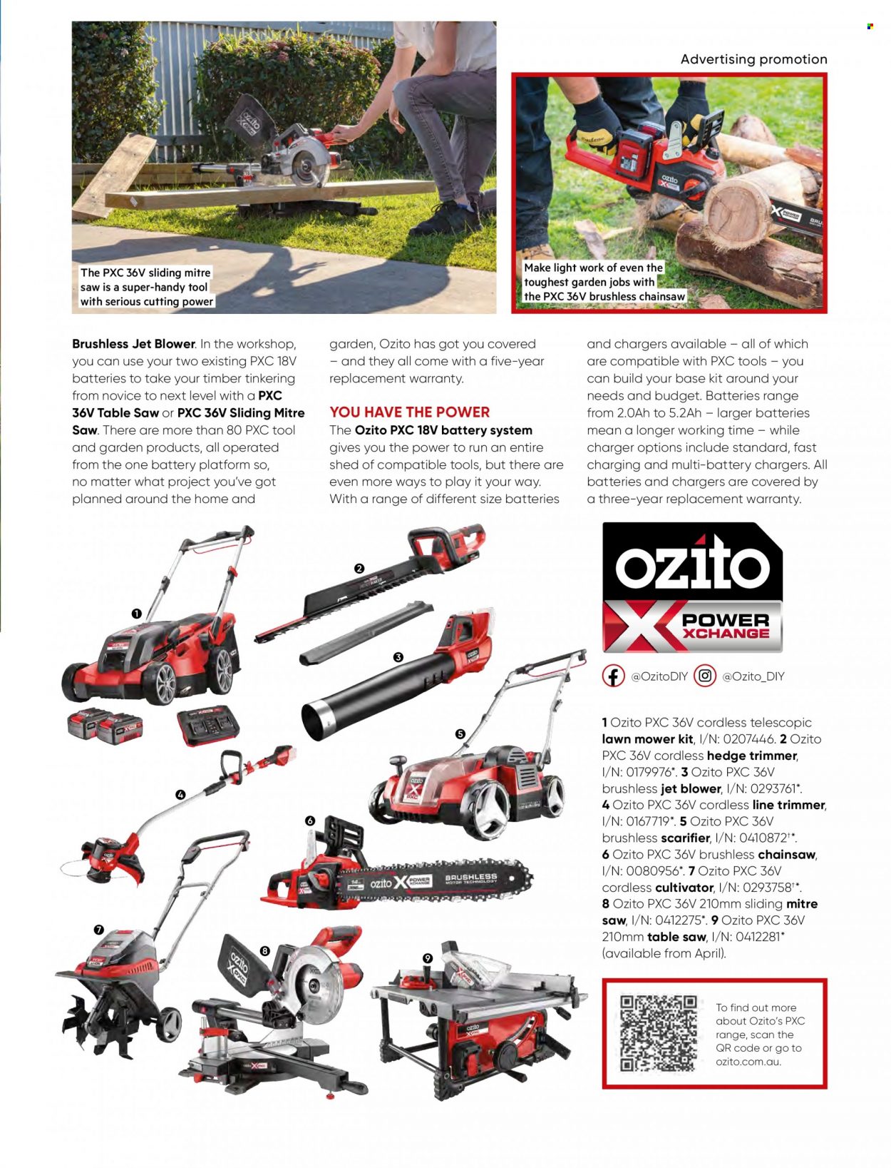 thumbnail - Bunnings Warehouse mailer - Sales products - table, battery charger, battery platform, chain saw, saw, table saw, lawn mower, hedge trimmer, blower, shed. Page 25.