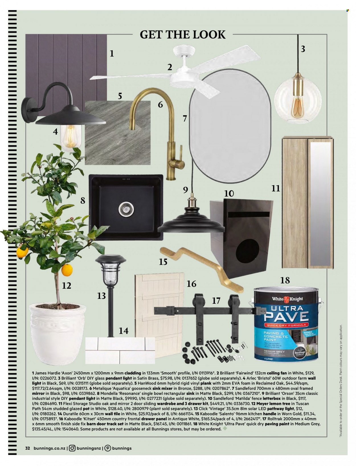 thumbnail - Bunnings Warehouse mailer - Sales products - wardrobe, desk, mirror, pot, bowl, ceiling fan, paint, LED pathway lights, solar led. Page 32.
