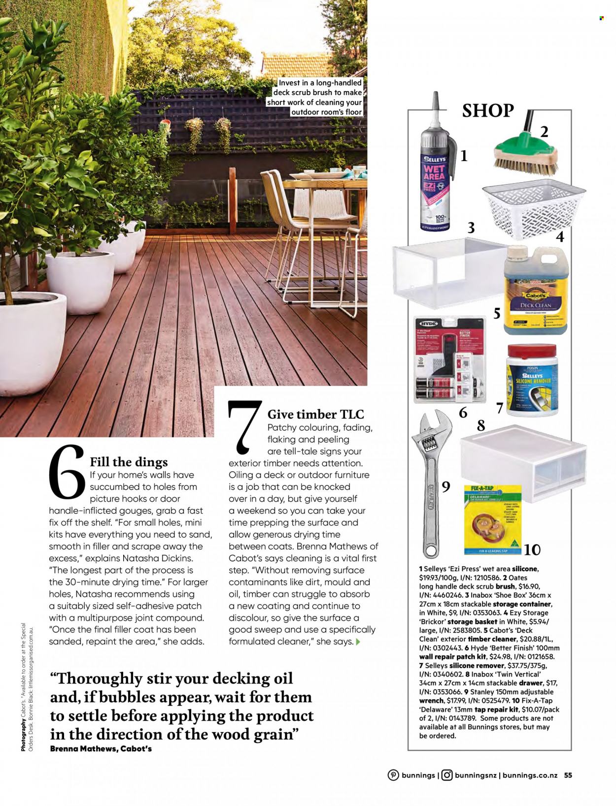 thumbnail - Bunnings Warehouse mailer - Sales products - storage box, storage container, desk, container, outdoor furniture, cleaner, basket, hook, storage basket, brush, Stanley, door handle, wrench. Page 55.