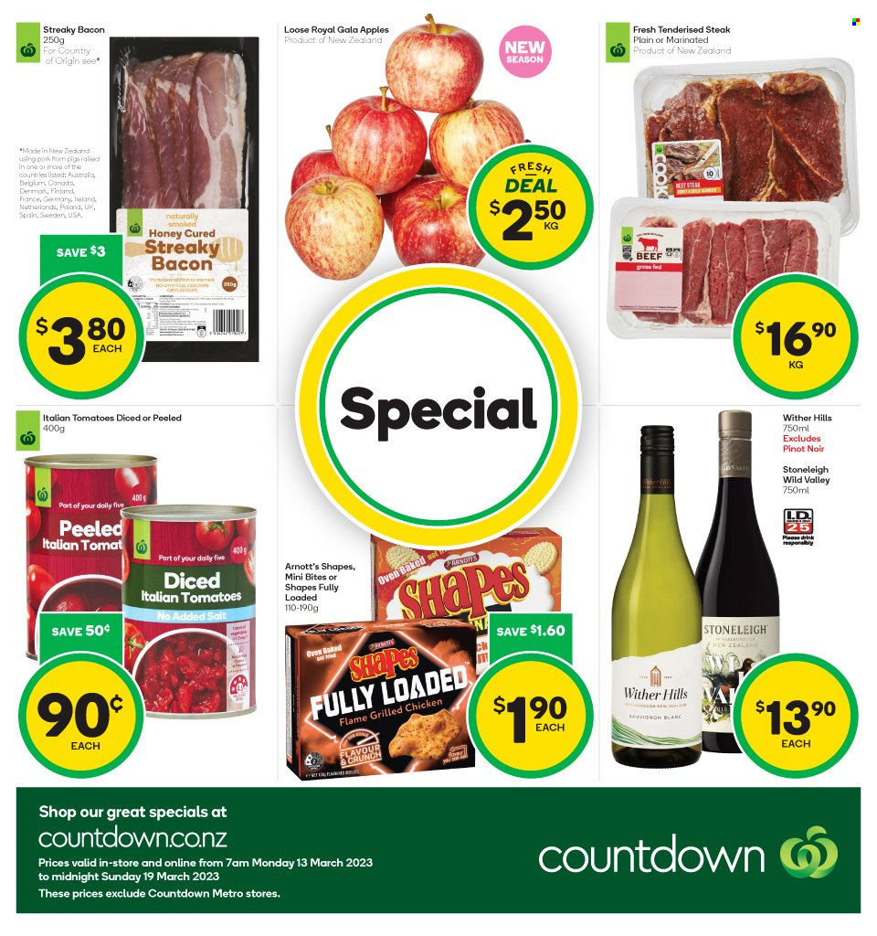thumbnail - Countdown mailer - 13.03.2023 - 19.03.2023 - Sales products - tomatoes, Gala, apples, bacon, streaky bacon, honey, red wine, white wine, wine, Pinot Noir, Wither Hills, Sauvignon Blanc, Sol, steak, Hill's. Page 1.
