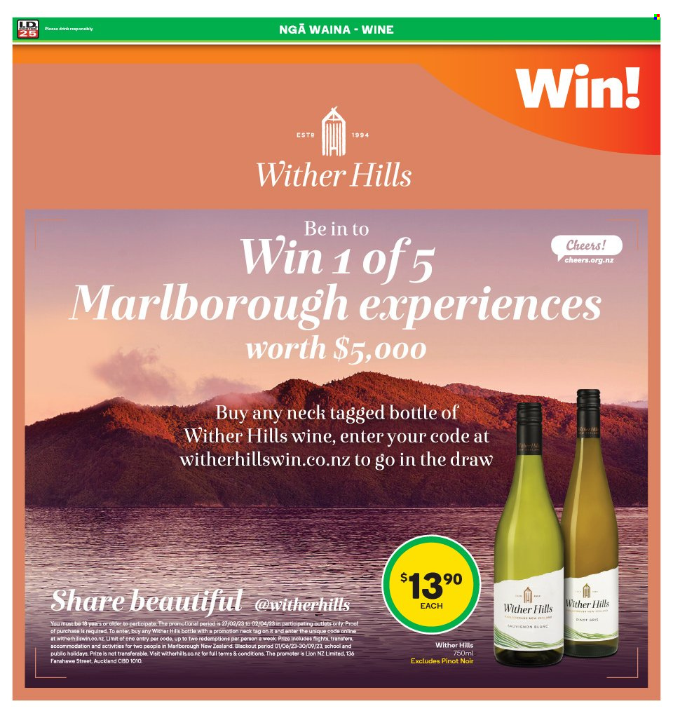 thumbnail - Countdown mailer - 13.03.2023 - 19.03.2023 - Sales products - red wine, white wine, wine, Pinot Noir, Wither Hills, Pinot Grigio, Sauvignon Blanc, Hill's. Page 12.