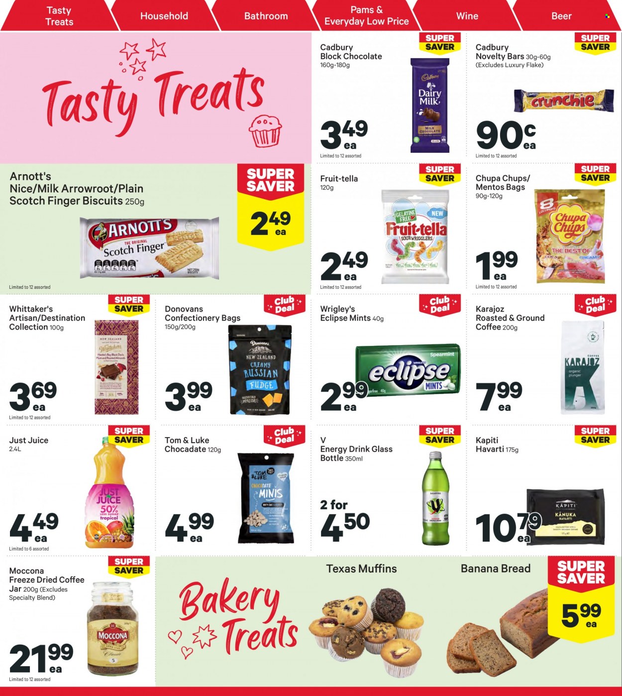 thumbnail - New World mailer - 13.03.2023 - 19.03.2023 - Sales products - bread, muffin, banana bread, Havarti, milk, chocolate, Mentos, biscuit, Cadbury, Whittaker's, Donovans, juice, energy drink, coffee, ground coffee, Moccona, wine, beer, jar, glass bottle. Page 24.