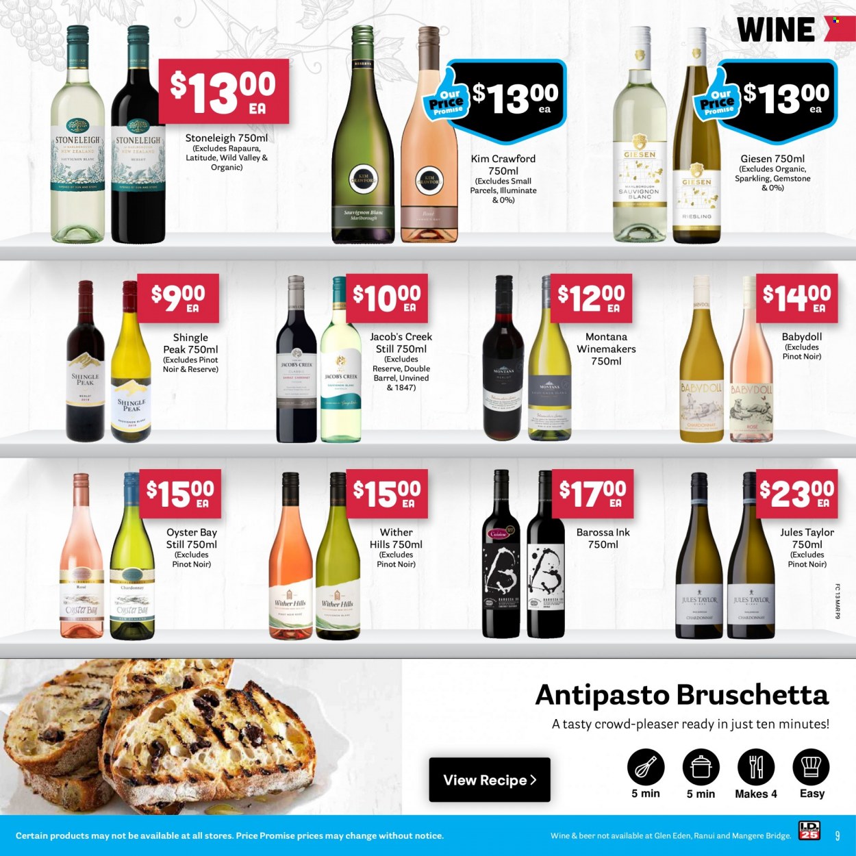 thumbnail - Fresh Choice mailer - 13.03.2023 - 19.03.2023 - Sales products - oysters, bruschetta, red wine, wine, Pinot Noir, Jules Taylor, Wither Hills, Jacob's Creek, beer, Hill's. Page 9.