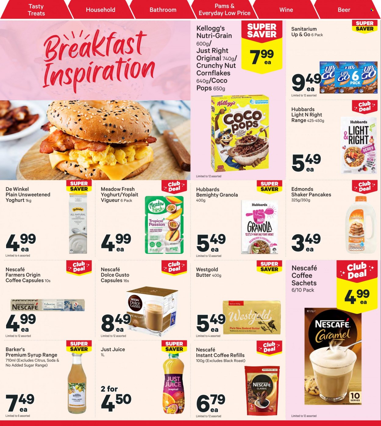 thumbnail - New World mailer - 20.03.2023 - 26.03.2023 - Sales products - pancakes, roast, yoghurt, Yoplait, butter, Kellogg's, granola, corn flakes, coco pops, Nutri-Grain, syrup, juice, soda, coffee, instant coffee, Nescafé, Dolce Gusto, coffee capsules, wine, beer, shaker. Page 14.
