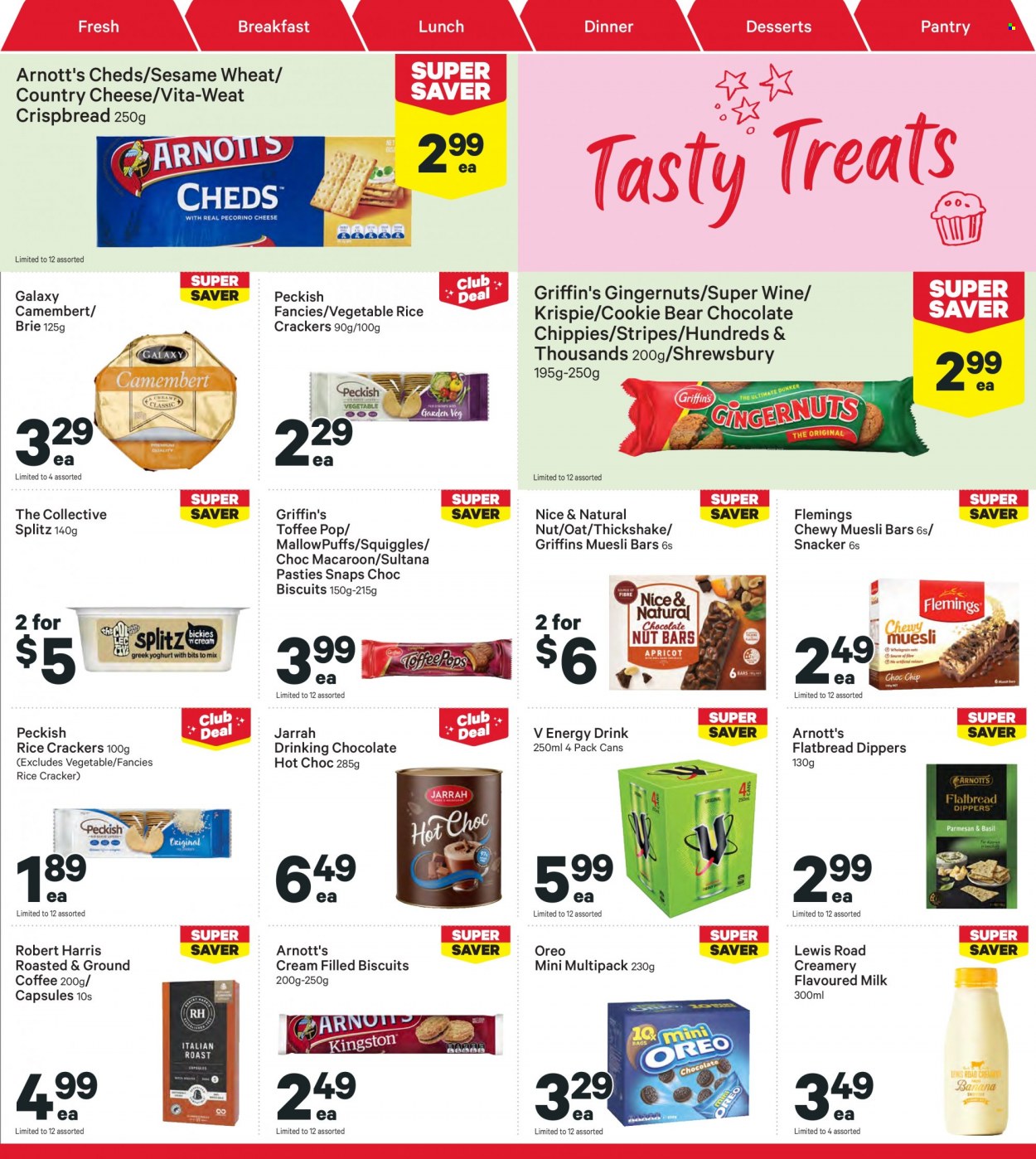thumbnail - New World mailer - 20.03.2023 - 26.03.2023 - Sales products - flatbread, crispbread, camembert, cheese, brie, Oreo, milk, flavoured milk, toffee, crackers, biscuit, MallowPuffs, Griffin's, rice crackers, oats, Harris, muesli bar, muesli, energy drink, hot chocolate, coffee, ground coffee, wine. Page 25.