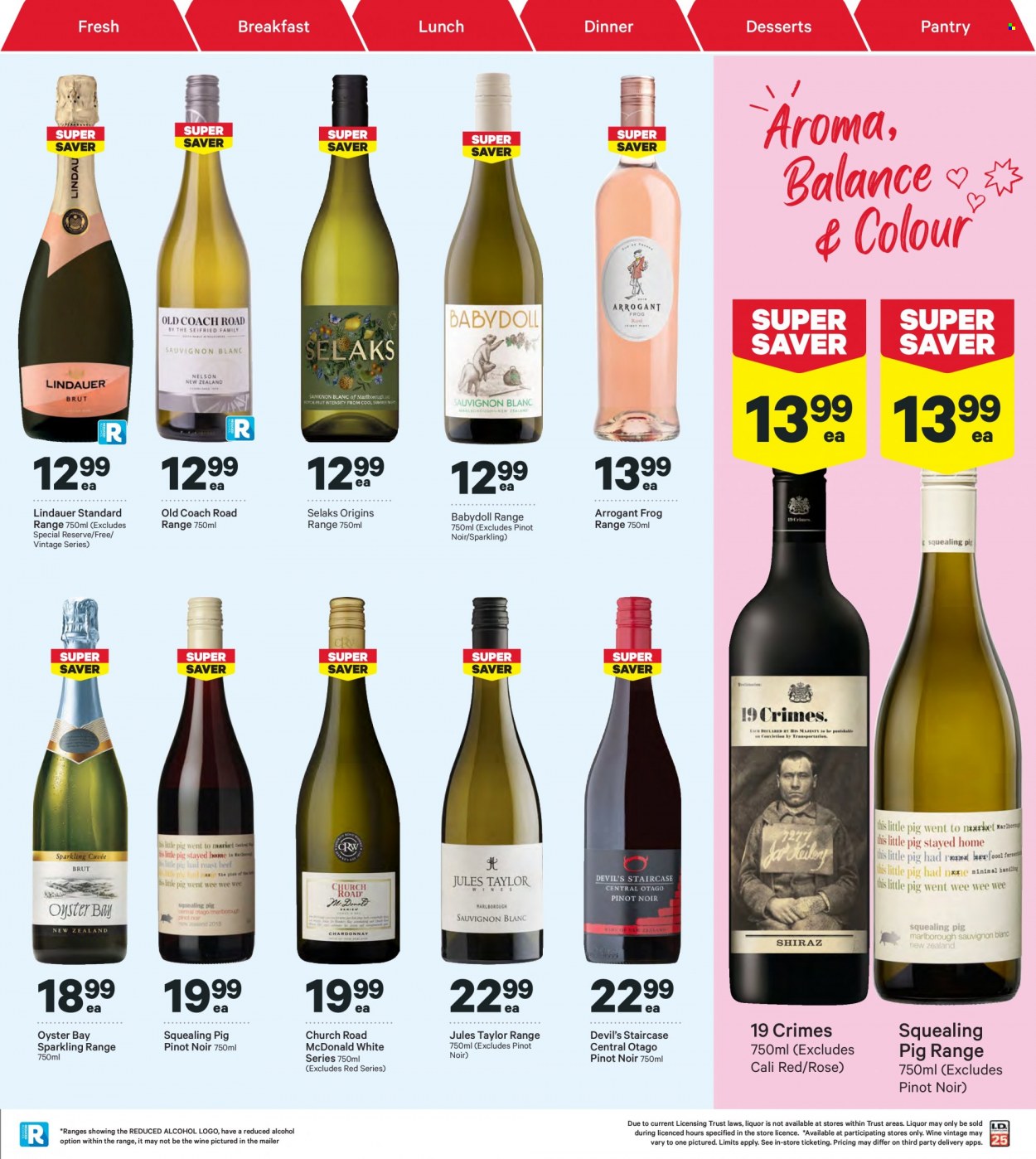 thumbnail - New World mailer - 20.03.2023 - 26.03.2023 - Sales products - oysters, red wine, sparkling wine, wine, Pinot Noir, Lindauer, Jules Taylor, alcohol, rosé wine. Page 39.