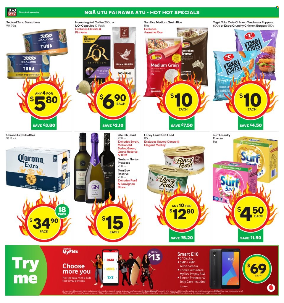 thumbnail - Countdown mailer - 20.03.2023 - 26.03.2023 - Sales products - Sealord, chicken tenders, hamburger, jelly, sealord tuna, rice, jasmine rice, medium grain rice, coffee, L'Or, red wine, white wine, prosecco, wine, Syrah, Sauvignon Blanc, rosé wine, beer, Corona Extra, laundry powder, Surf, animal food, cat food, Fancy Feast. Page 5.