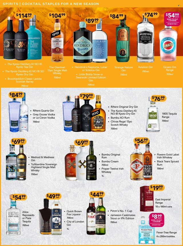 thumbnail - Liquorland mailer - 26.03.2023 - 10.04.2023 - Sales products - tonic, tea, gin, liqueur, rum, spiced rum, tequila, vodka, whiskey, irish whiskey, Jameson, Chivas Regal, Hendrick's, scotch whisky, whisky, beer, IPA. Page 4.