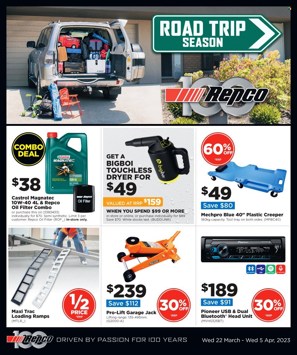 thumbnail - Repco mailer - 22.03.2023 - 05.04.2023 - Sales products - tray, Pioneer, Mechpro Blue, car ramps, oil filter, Castrol. Page 1.