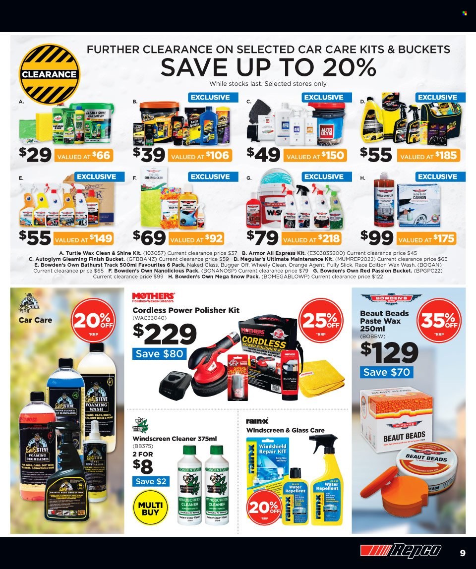 thumbnail - Repco mailer - 22.03.2023 - 05.04.2023 - Sales products - cleaner, battery, Armor All, Bowden's, degreaser, Rain-X. Page 9.