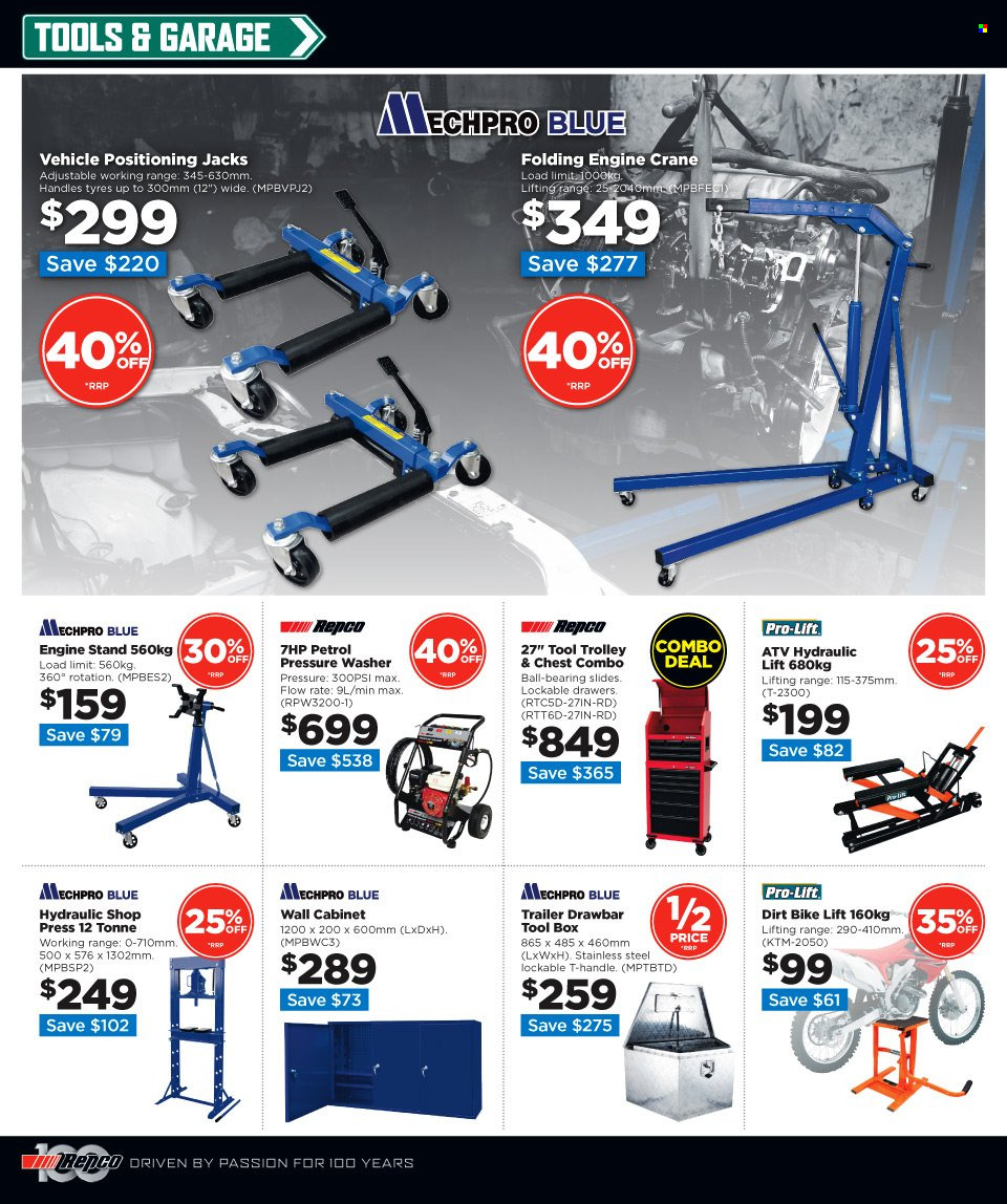 thumbnail - Repco mailer - 22.03.2023 - 05.04.2023 - Sales products - trolley, trailer, vehicle, tool box, cabinet, wall cabinet, pressure washer, Mechpro Blue, tires. Page 12.