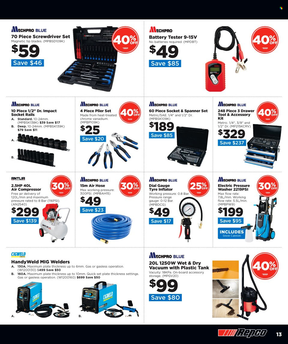 thumbnail - Repco mailer - 22.03.2023 - 05.04.2023 - Sales products - compressor, plate, battery, battery tester, screwdriver, pliers, spanner, screwdriver set, air compressor, electric pressure washer, pressure washer, air hose, Mechpro Blue, tire inflator. Page 13.