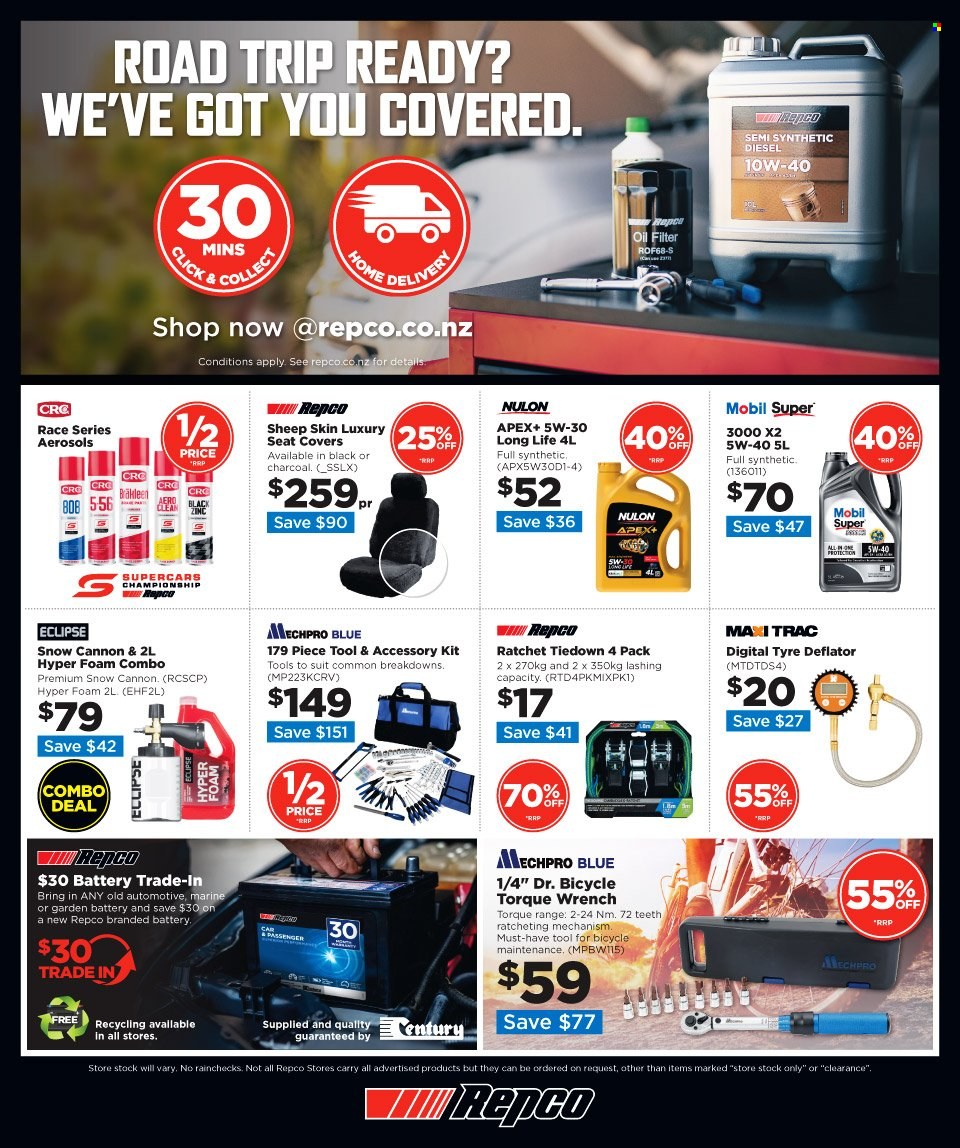 thumbnail - Repco mailer - 22.03.2023 - 05.04.2023 - Sales products - battery, wrench, torque wrench, Mechpro Blue, car seat cover, oil filter, Eclipse, Nulon, Mobil. Page 16.