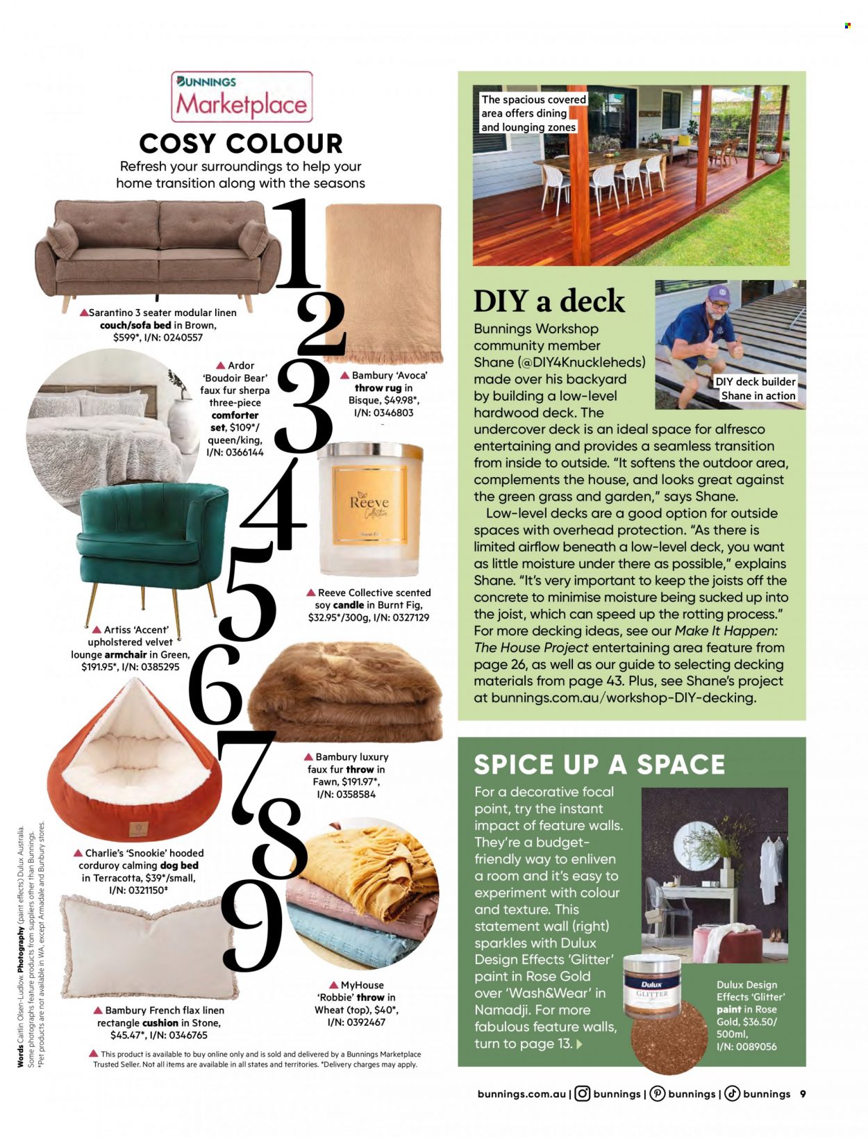 thumbnail - Bunnings Warehouse mailer - 01.04.2023 - 30.04.2023 - Sales products - arm chair, sofa, sofa bed, couch, lounge, bed, cushion, candle, blanket, comforter, linens, paint, Dulux, rug. Page 9.