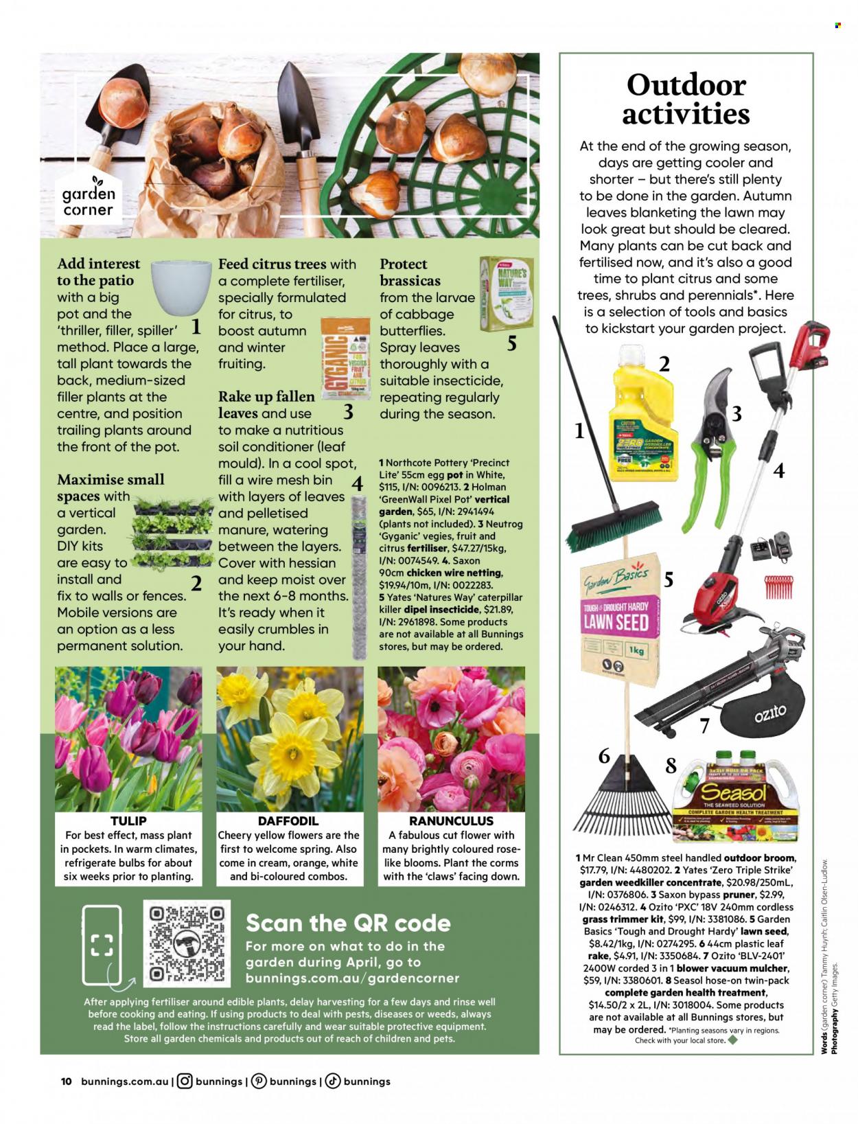 thumbnail - Bunnings Warehouse mailer - 01.04.2023 - 30.04.2023 - Sales products - bin, broom, pot, bulb, mulcher, blower, plant seeds, tulip, Yates, daffodil, flowers. Page 10.