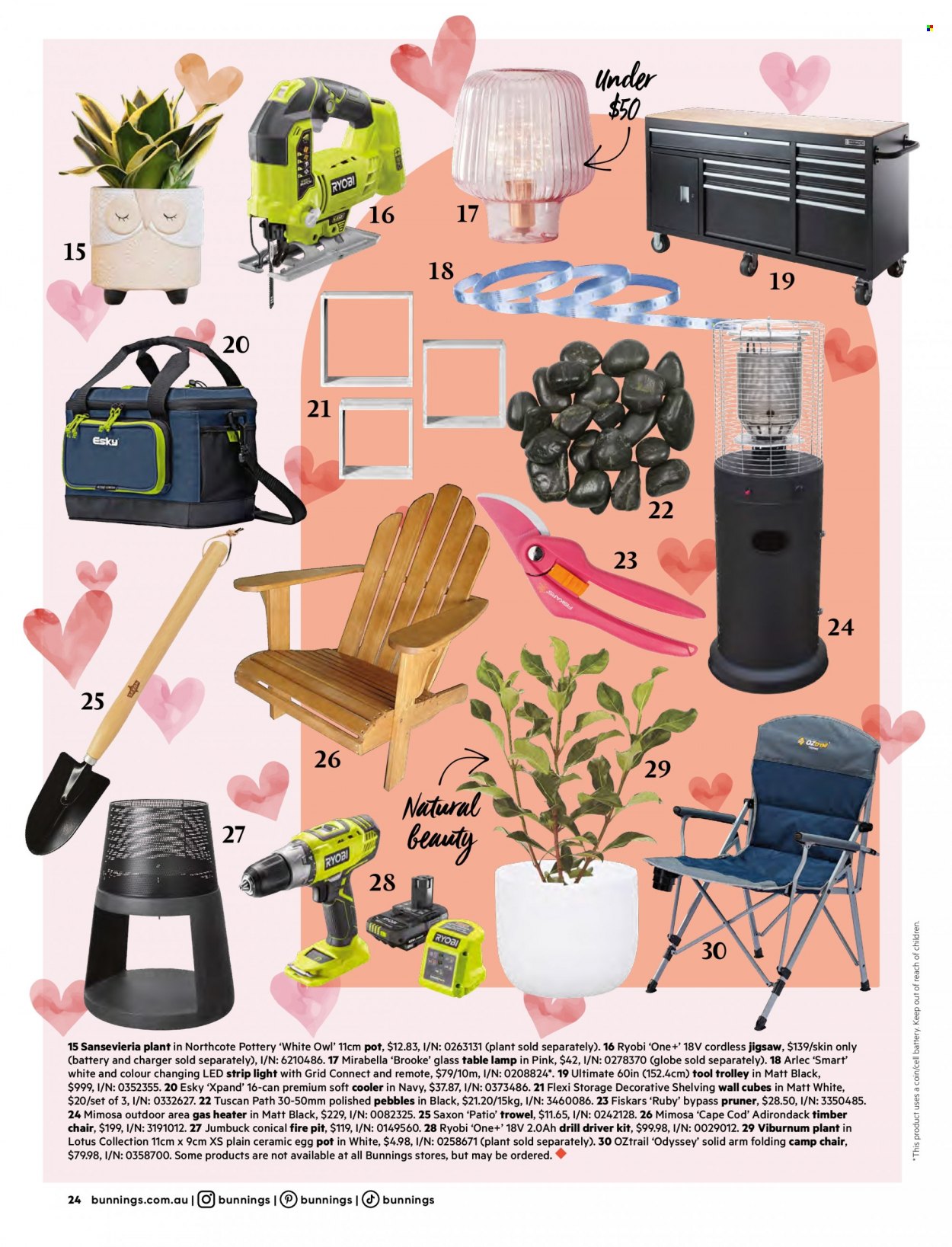 thumbnail - Bunnings Warehouse mailer - 01.04.2023 - 30.04.2023 - Sales products - trolley, chair, Lotus, ceramic egg, Fiskars, pot, lamp, LED strip, table lamp, heater, gas heater, drill, drill driver kit, Ryobi, fire bowl. Page 24.