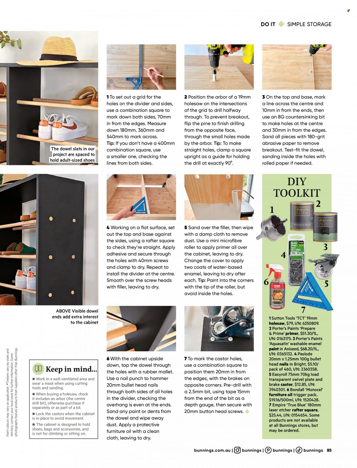 thumbnail - Bunnings Warehouse mailer - 01.04.2023 - 30.04.2023 - Sales products - cabinet, plate, adhesive, roller, paint, furniture oil, hammer. Page 85.