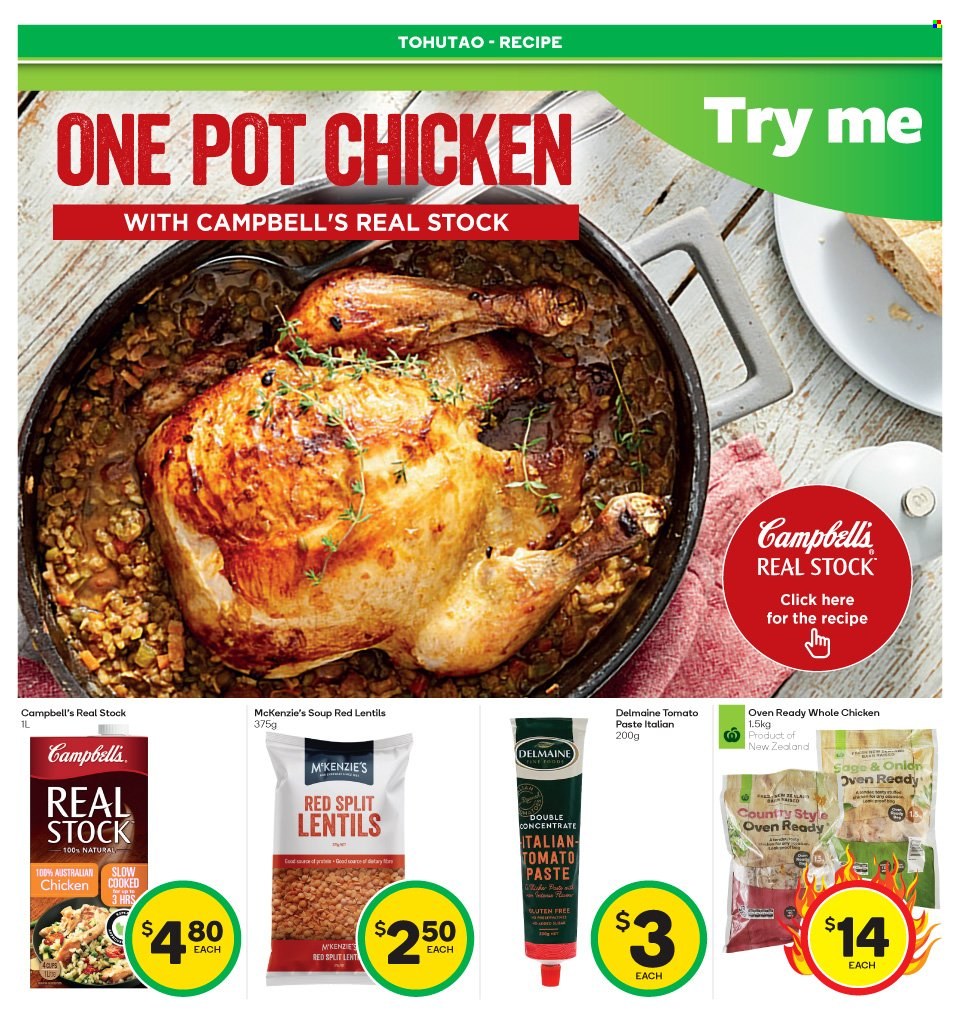 thumbnail - Countdown mailer - 27.03.2023 - 02.04.2023 - Sales products - cake, Campbell's, soup, Delmaine, lentils, tomato paste, red lentils, whole chicken, chicken, pot, pen. Page 4.