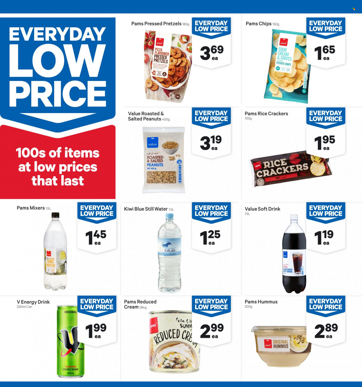 thumbnail - New World mailer - 27.03.2023 - 02.04.2023 - Sales products - pretzels, chives, kiwi, hummus, feta, crackers, potato chips, chips, rice crackers, peanuts, energy drink, tonic, soft drink, spring water, still water. Page 3.