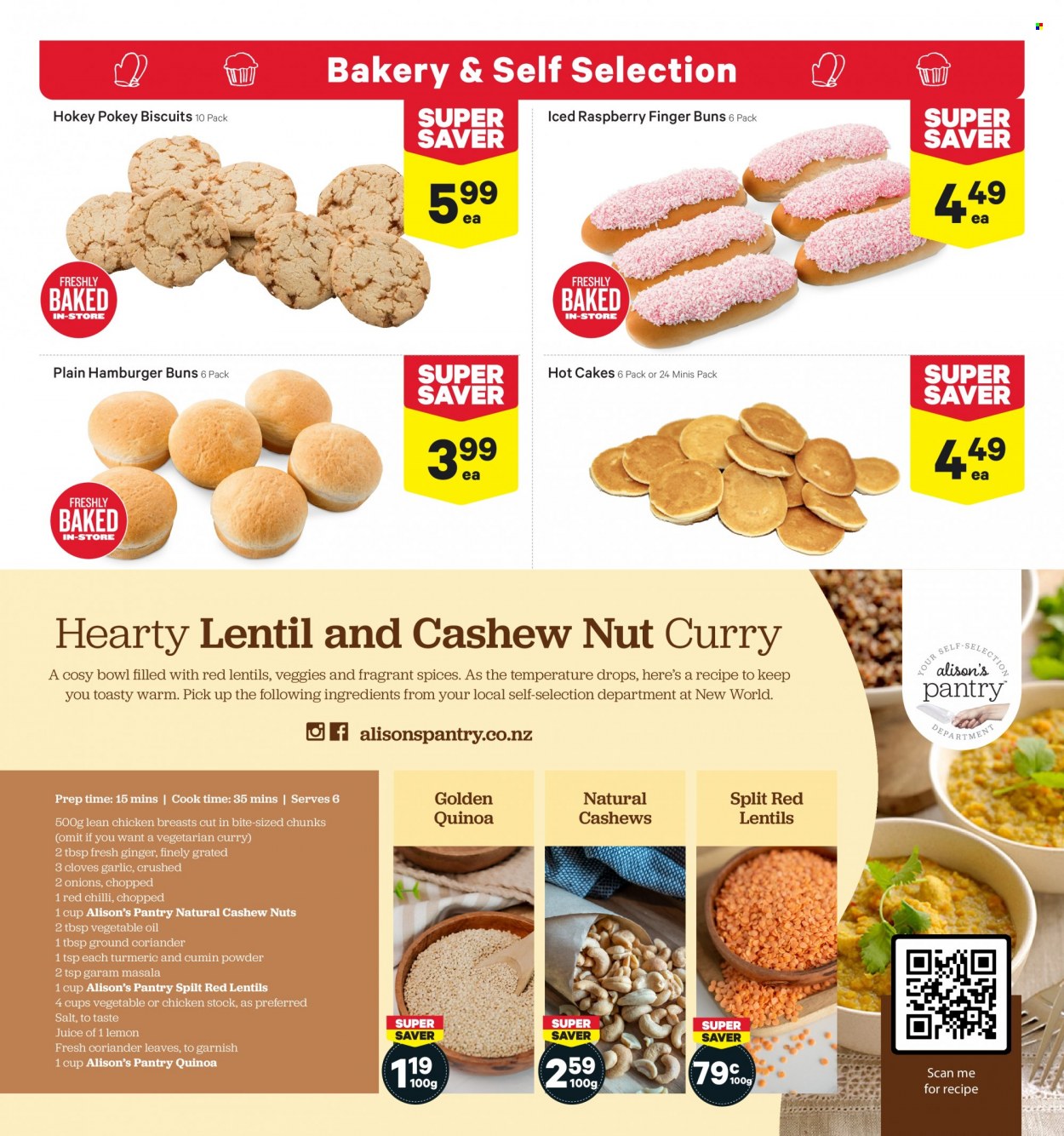 thumbnail - New World mailer - 27.03.2023 - 02.04.2023 - Sales products - cake, buns, burger buns, garlic, ginger, biscuit, salt, lentils, quinoa, red lentils, turmeric, cloves, cumin, coriander, vegetable oil, oil, cashews, juice, chicken breasts, bowl. Page 8.