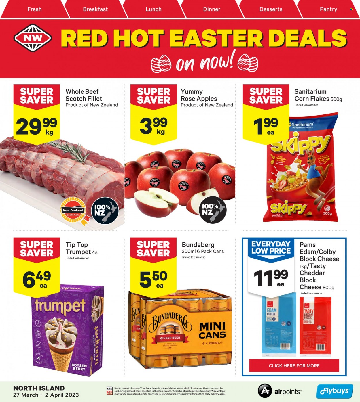 thumbnail - New World mailer - 27.03.2023 - 02.04.2023 - Sales products - Tip Top, apples, Colby cheese, edam cheese, cheddar, cheese, corn flakes, Bundaberg, wine, rosé wine. Page 1.