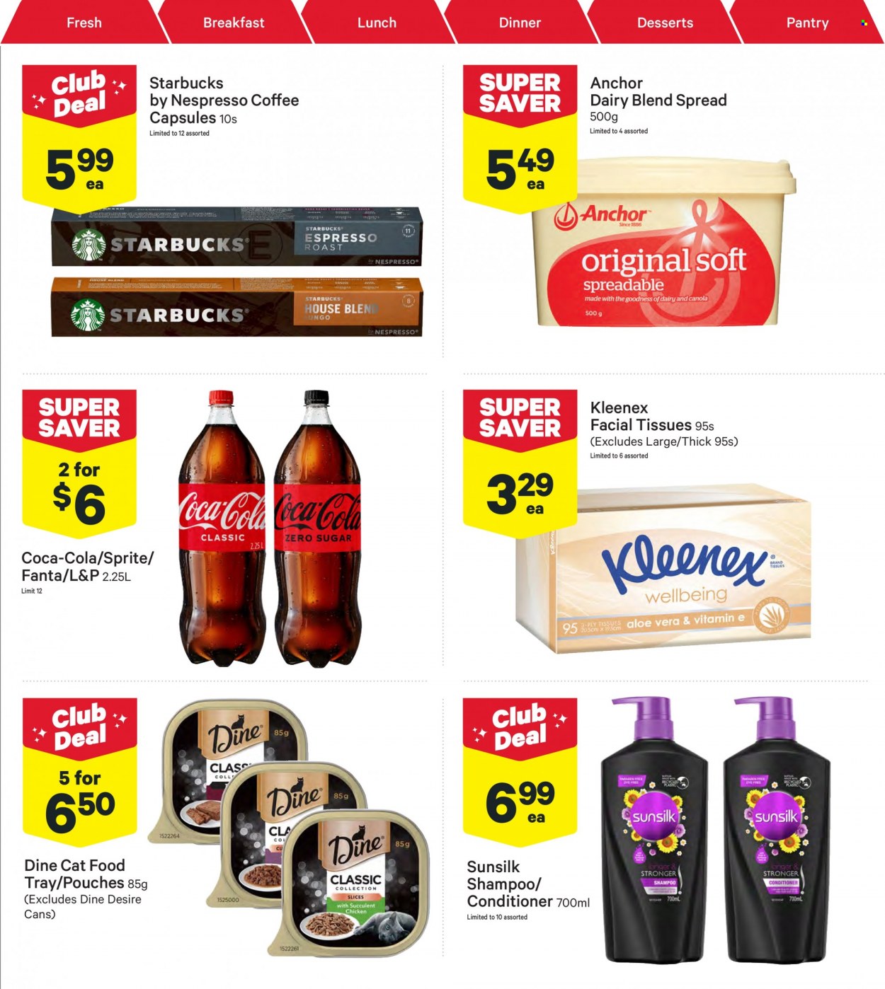 thumbnail - New World mailer - 27.03.2023 - 02.04.2023 - Sales products - roast, dairy blend, Anchor, Coca-Cola, Sprite, Fanta, L&P, coffee, Nespresso, coffee capsules, Starbucks, chicken, Kleenex, tissues, shampoo, Sunsilk, facial tissues, conditioner, animal food, cat food. Page 3.