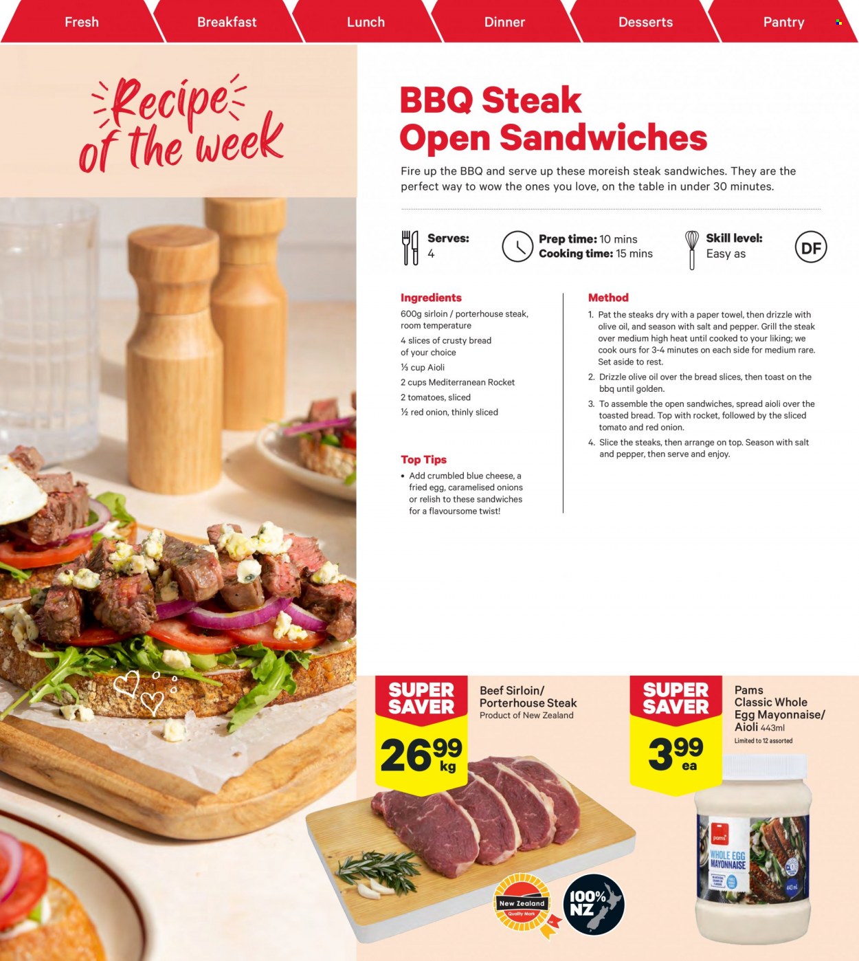 thumbnail - New World mailer - 27.03.2023 - 02.04.2023 - Sales products - tostadas, sandwich, blue cheese, cheese, eggs, mayonnaise, beef meat, beef sirloin, steak. Page 5.