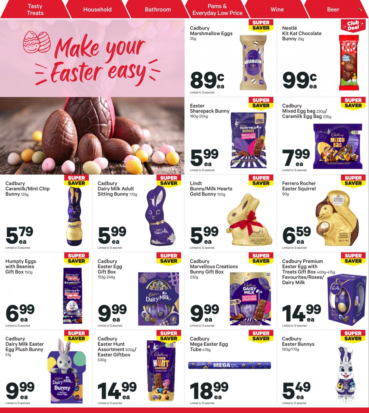 thumbnail - New World mailer - 27.03.2023 - 02.04.2023 - Sales products - egg tube, marshmallows, Nestlé, chocolate, Ferrero Rocher, Lindt, KitKat, easter egg, candy egg, Cadbury, Dairy Milk, chocolate egg, chocolate bunny, wine, beer, gift box. Page 12.
