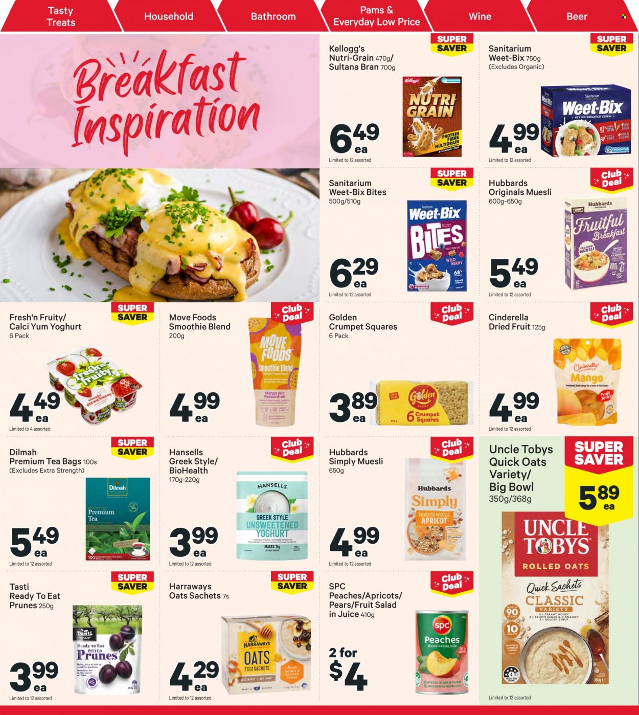 thumbnail - New World mailer - 27.03.2023 - 02.04.2023 - Sales products - Golden Crumpet, pears, apricots, peaches, yoghurt, Fresh'n Fruity, cereal bar, Kellogg's, crumpet squares, oats, fruit salad, Weet-Bix, muesli, Quick Oats, Nutri-Grain, prunes, dried fruit, juice, smoothie, tea bags, wine, beer, bowl. Page 14.