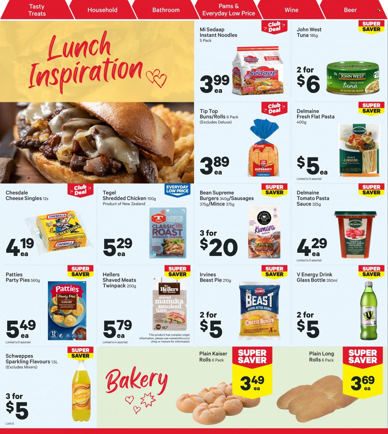 thumbnail - New World mailer - 27.03.2023 - 02.04.2023 - Sales products - pie, Tip Top, buns, tuna, pasta sauce, hamburger, instant noodles, sauce, noodles, Delmaine, sausage, cheese, Schweppes, energy drink, beer, chicken, glass bottle. Page 16.