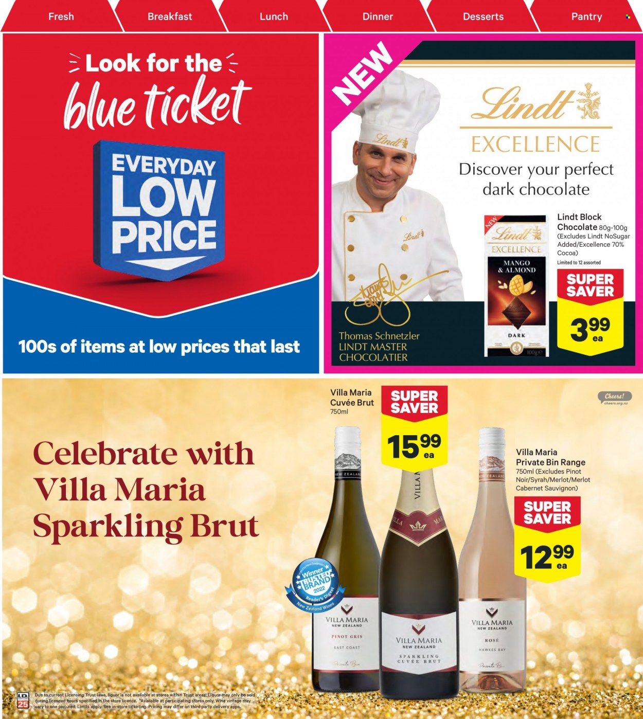 thumbnail - New World mailer - 27.03.2023 - 02.04.2023 - Sales products - chocolate, Lindt, dark chocolate, Cabernet Sauvignon, red wine, sparkling wine, wine, Merlot, Pinot Noir, Cuvée, Syrah, Brut, bin. Page 23.