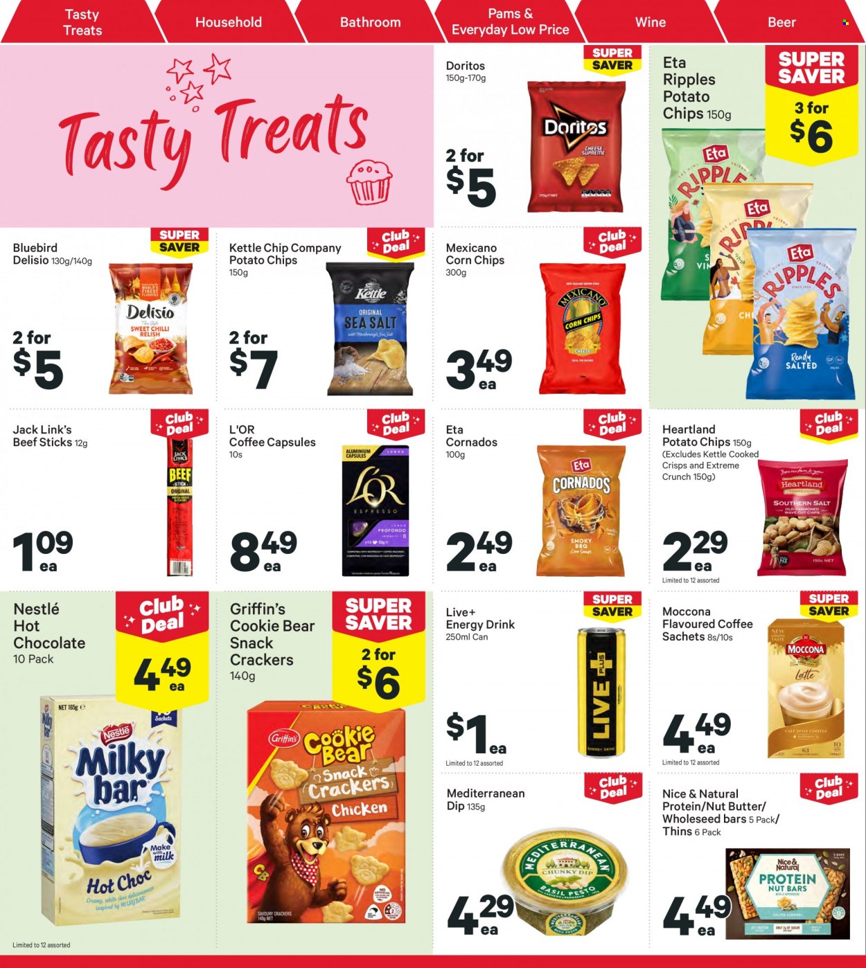 thumbnail - New World mailer - 27.03.2023 - 02.04.2023 - Sales products - beef sticks, dip, Nestlé, snack, crackers, Griffin's, Doritos, potato chips, chips, Thins, corn chips, Heartland, Mexicano, Bluebird, Delisio, Jack Link's, nut butter, energy drink, hot chocolate, coffee, Moccona, coffee capsules, L'Or, wine, beer. Page 26.