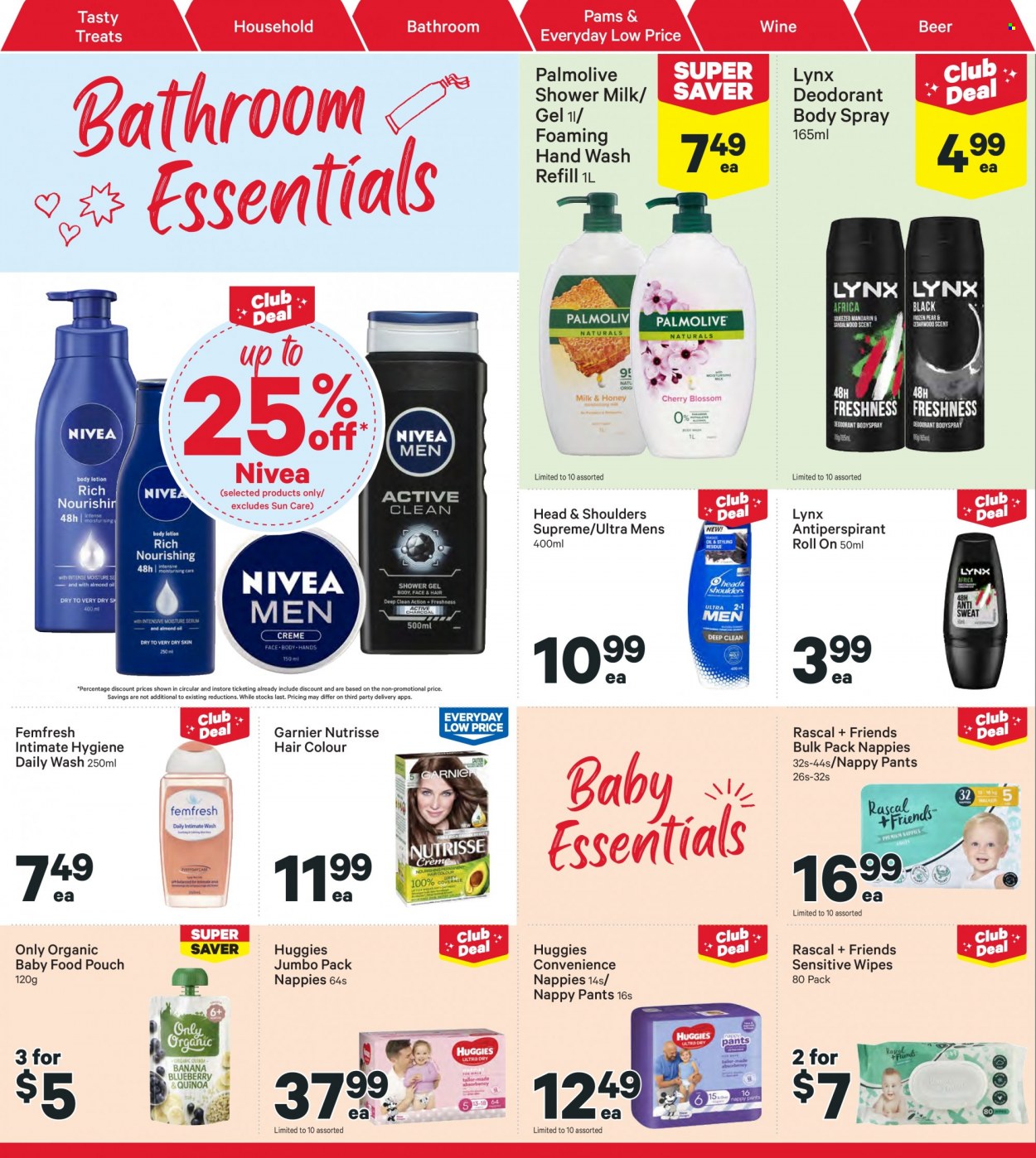 thumbnail - New World mailer - 27.03.2023 - 02.04.2023 - Sales products - milk, beer, baby food pouch, organic baby food, wipes, Huggies, pants, nappies, Nivea, hand wash, Palmolive, Garnier, Head & Shoulders, hair color, body spray, anti-perspirant, roll-on, deodorant. Page 30.