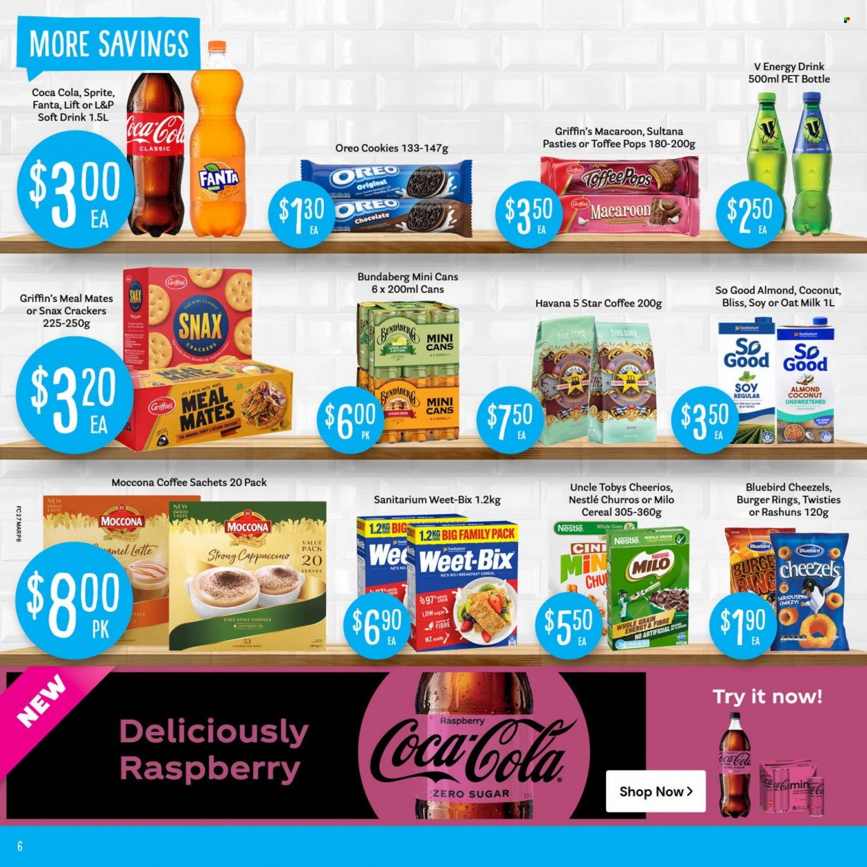 thumbnail - Fresh Choice mailer - 27.03.2023 - 02.04.2023 - Sales products - kiwi, hamburger, Oreo, milk, Milo, oat milk, cookies, Nestlé, chocolate, cereal bar, crackers, Griffin's, Bluebird, cereals, Cheerios, Weet-Bix, churros, Camel, Coca-Cola, Sprite, energy drink, Fanta, soft drink, L&P, Bundaberg, cappuccino, Moccona, beer, ginger beer. Page 6.