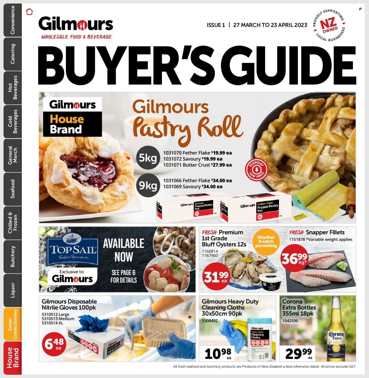 thumbnail - Gilmours mailer - 27.03.2023 - 23.04.2023 - Sales products - oysters, seafood, butter, beer, Corona Extra. Page 1.
