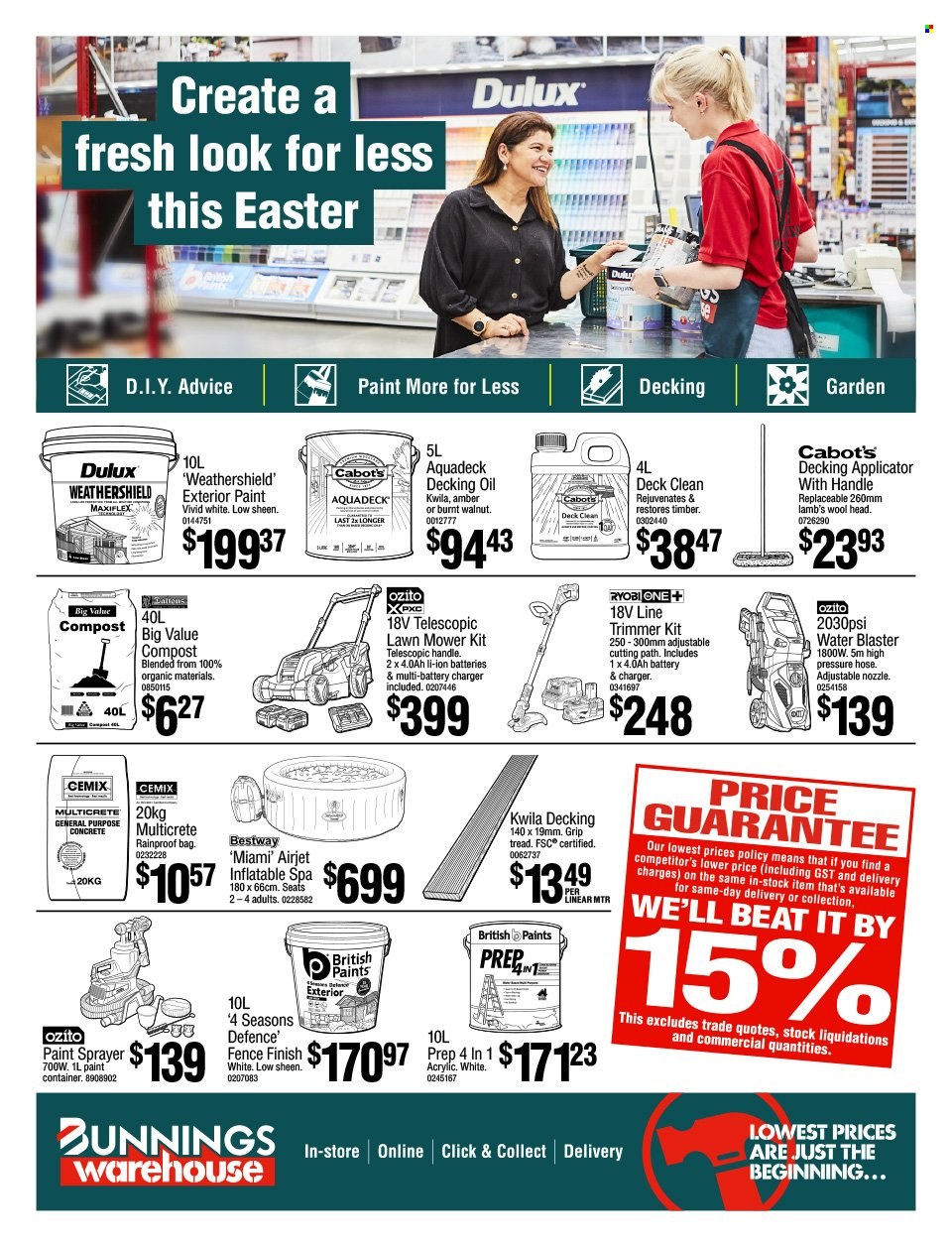 thumbnail - Bunnings Warehouse mailer - 30.03.2023 - 09.04.2023 - Sales products - container, battery charger, paint sprayer, paint, Dulux, Ryobi, lawn mower, sprayer, compost. Page 1.