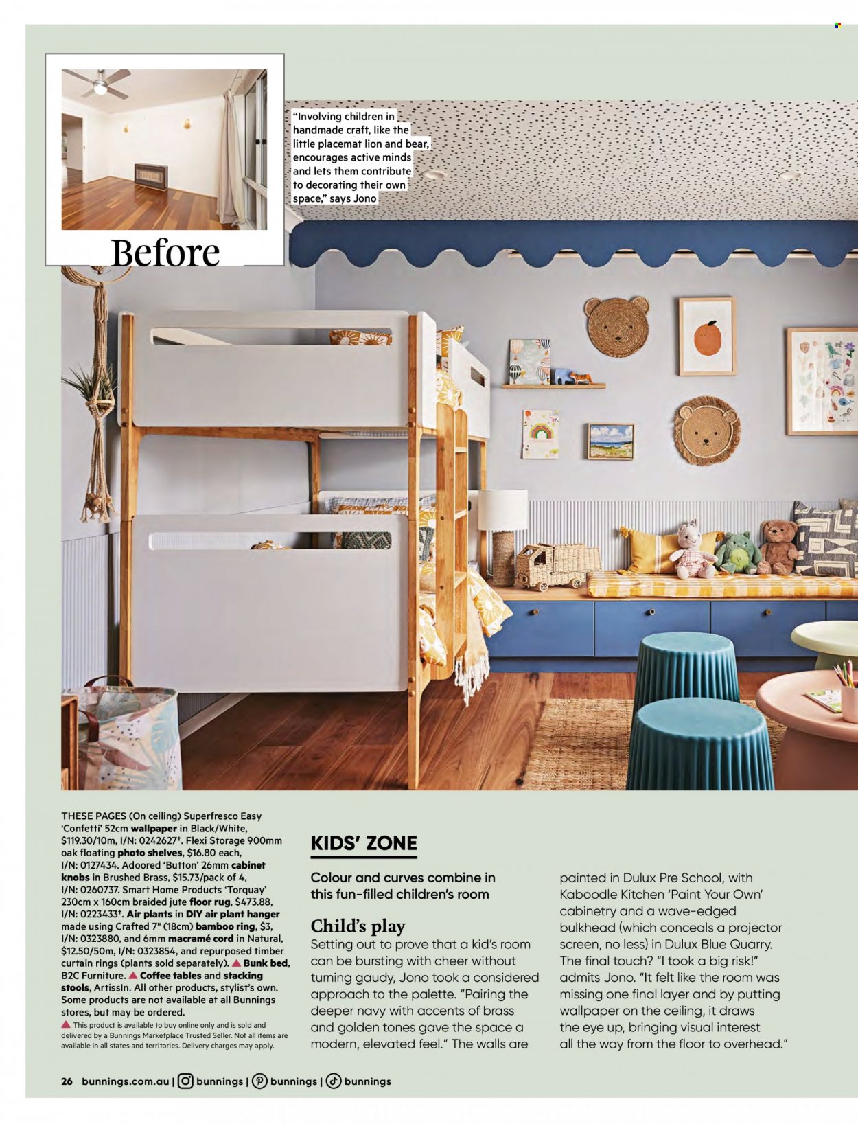 thumbnail - Bunnings Warehouse mailer - 01.05.2023 - 30.06.2023 - Sales products - cabinet, table, coffee table, shelves, bed, bunk bed, placemat, hanger, paint, Dulux, wallpaper, rug. Page 26.