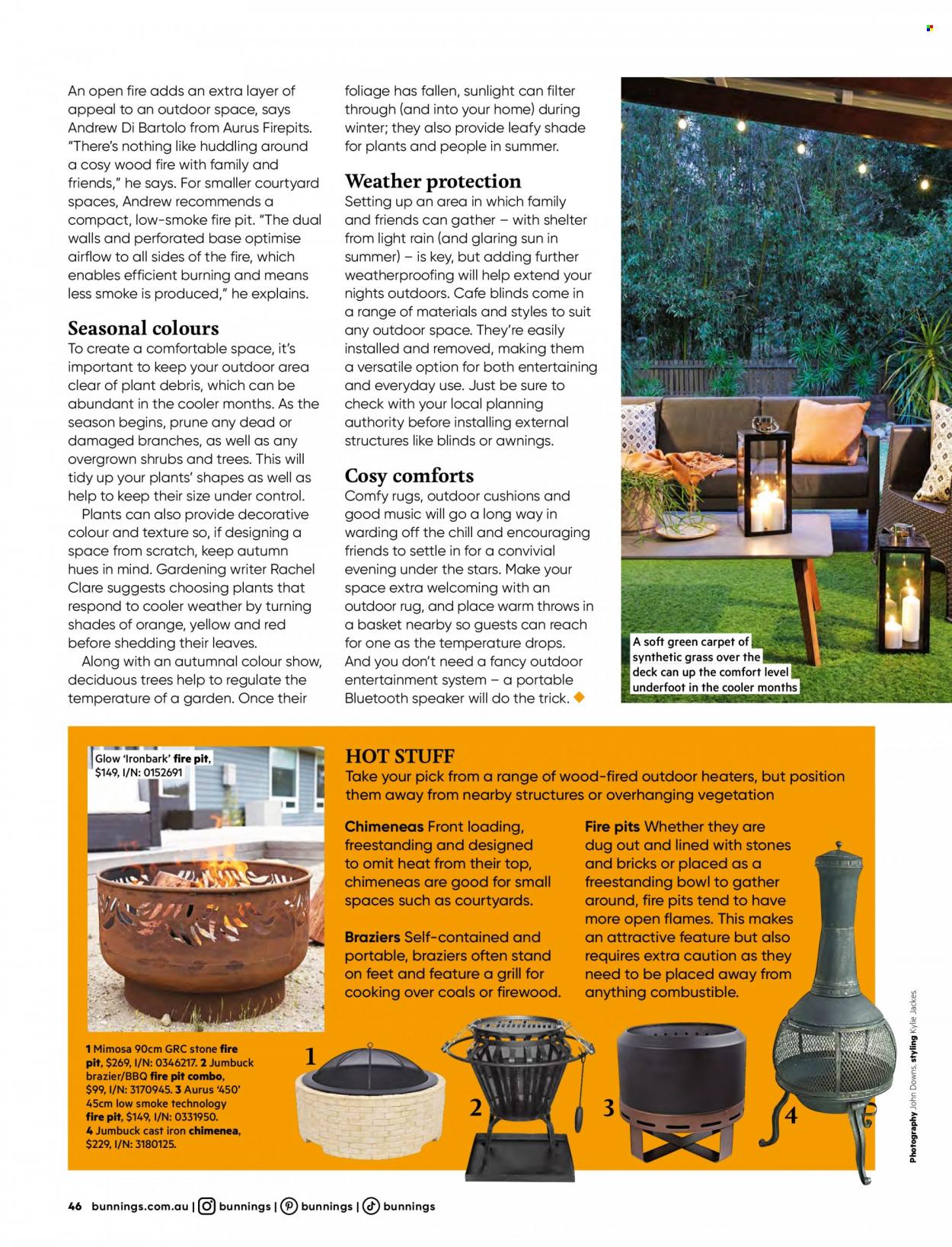 thumbnail - Bunnings Warehouse mailer - 01.05.2023 - 30.06.2023 - Sales products - cushion, basket, heater, rug, blinds, fire bowl, artificial grass. Page 46.