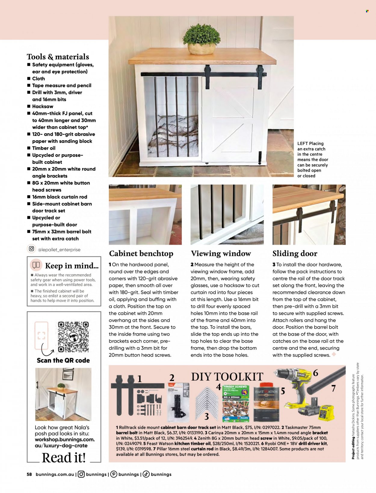 thumbnail - Bunnings Warehouse mailer - 01.05.2023 - 30.06.2023 - Sales products - cabinet, gloves, curtain, power tools, drill driver kit, Ryobi, hacksaw, measuring tape, safety glasses, crate, curtain rod. Page 58.