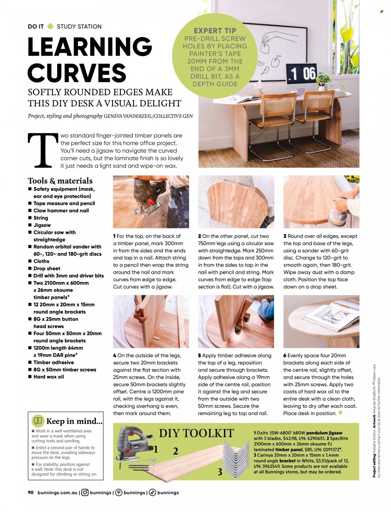 thumbnail - Bunnings Warehouse mailer - 01.05.2023 - 30.06.2023 - Sales products - top section, desk, adhesive, plastic drop sheet, hammer, circular saw, saw, jig saw, claw hammer, measuring tape. Page 90.