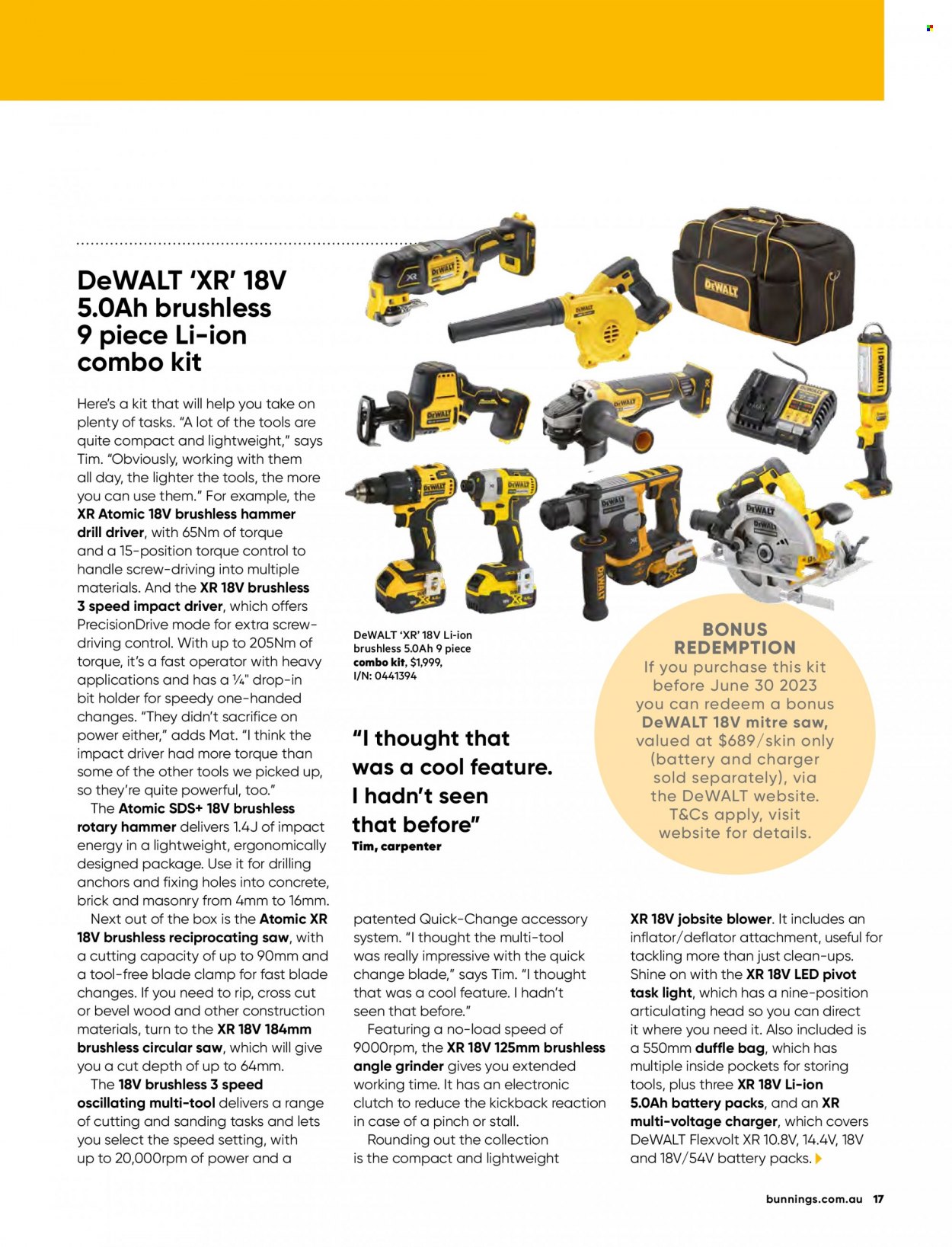 thumbnail - Bunnings Warehouse mailer - 01.05.2023 - 30.06.2023 - Sales products - DeWALT, drill, impact driver, hammer drill, grinder, circular saw, saw, angle grinder, reciprocating saw, combo kit, blower. Page 109.